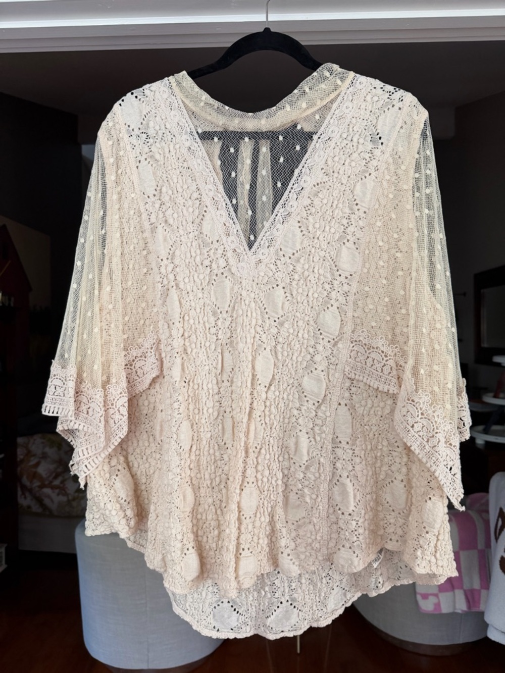Free People Cream Crochet Lace V-Neck Blouse
